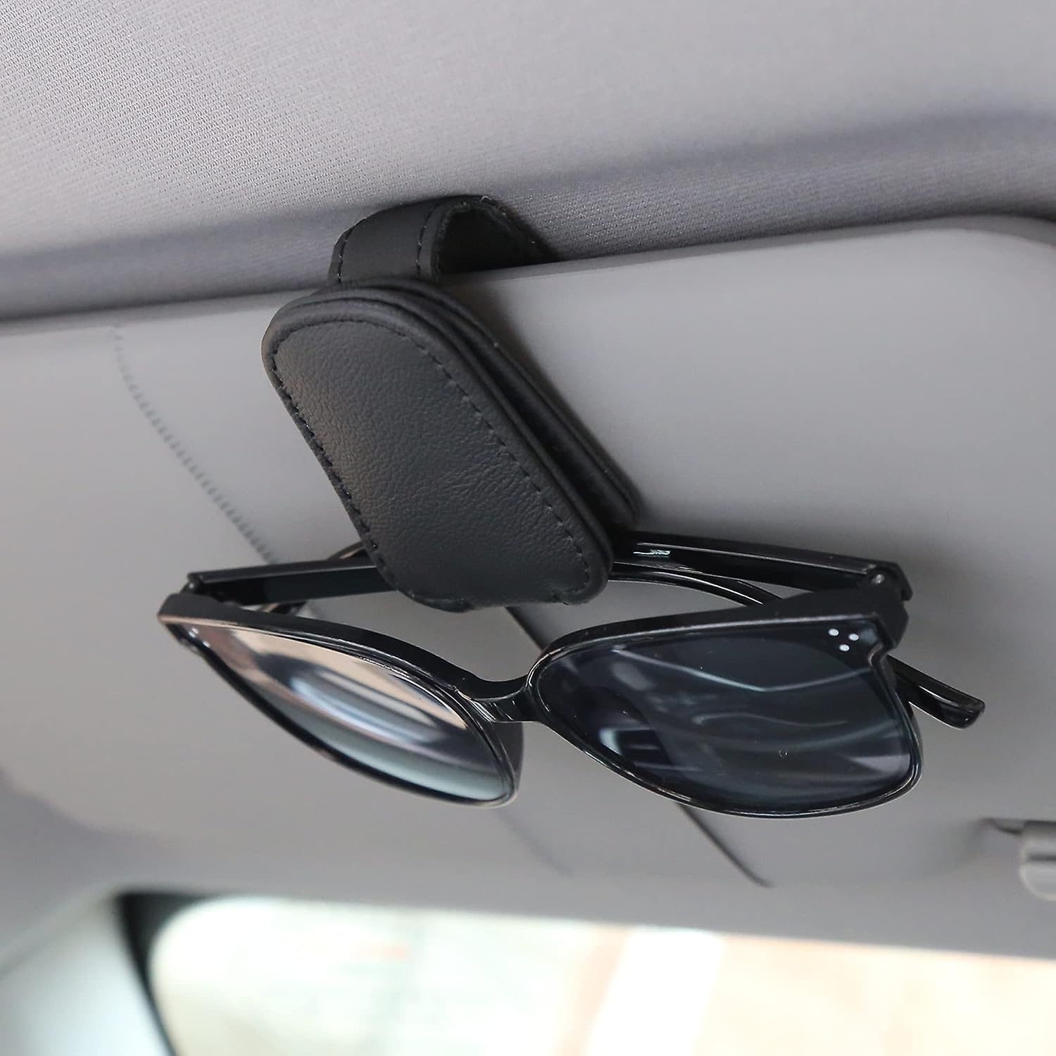 Sunglasses Holder for Car Magnetic PU Leather Glasses Clip with Card Holder - Image 5